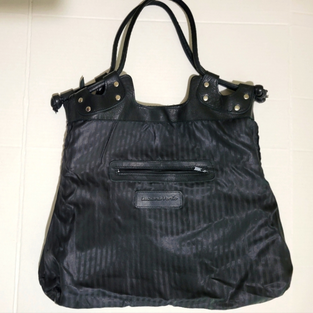 Luciana Verde Black Glazed Leather Fold Over Satchel Shoulder Bag